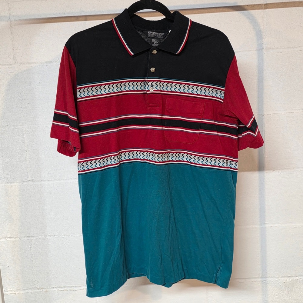Knightsbridge Vintage 90s Colorblock Geometric Polo Shirt Mens Large Black Red